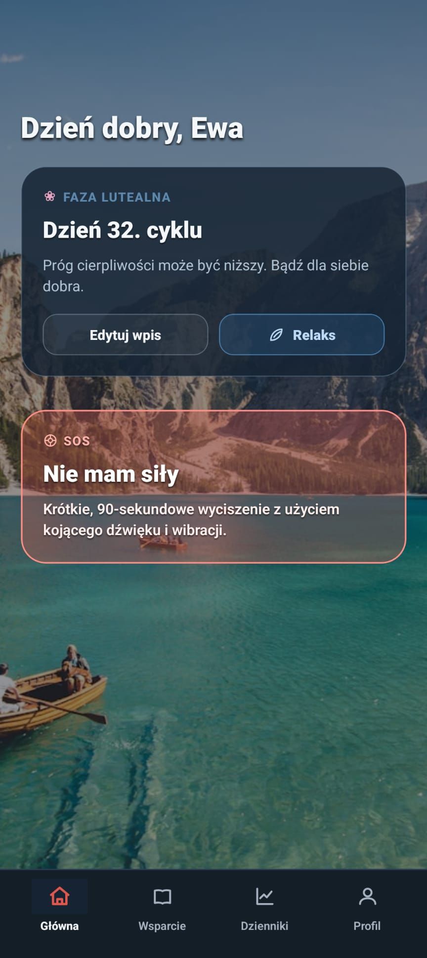 Ekran główny: dzień cyklu i przycisk SOS